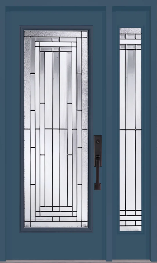 Entry door with Wilshire decorative glass and sidelite by KV Custom Windows + Doors