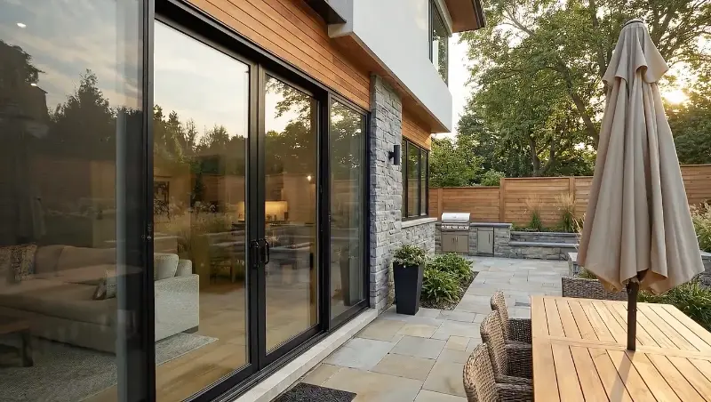 Black sliding patio door opening onto a stone patio