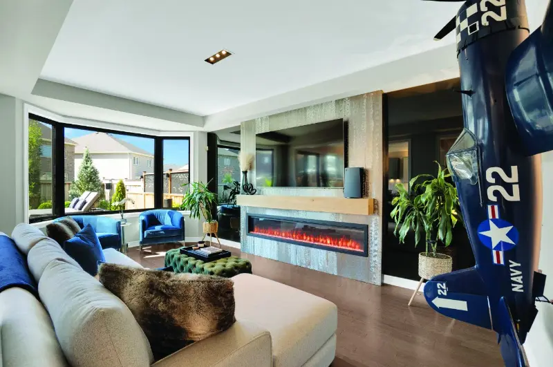 Black bay window in a bright family room