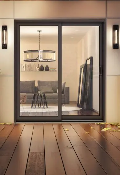 Dark-framed sliding patio door installed in a Niagara home